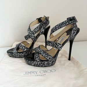 Jimmy Choo Black Glitter Vamp Ankle Strap Platform Heels